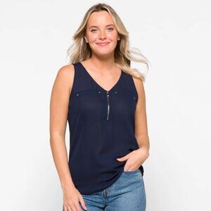 Fortune + Ivy Lighton Zip Detail Mixed Material Blouse Navy